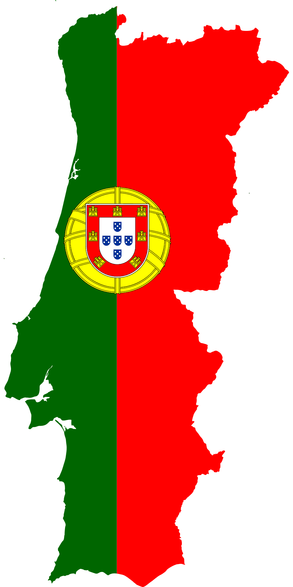 Map of mainland Portugal in the colours of the Portuguese flag